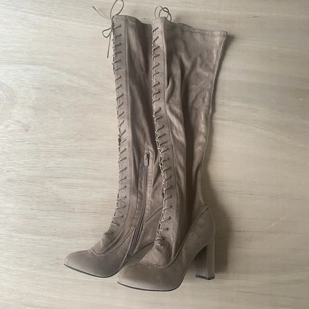 Rampage Taupe Faux Suede Over The Knee High Block Heeled Lace Up Boots Size 9